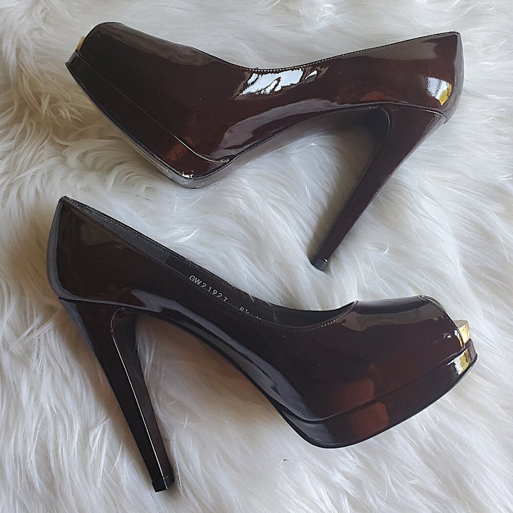 Stuart Weitzman Burgundy Patent Leather Peep Toe Platform Pumps SZ 8.5